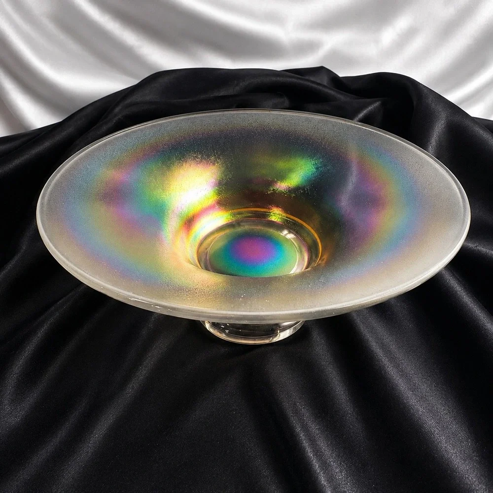 Vintage Iridescent Stretch Glass Console Bowl Rainbow 10 Inch Centerpiece
